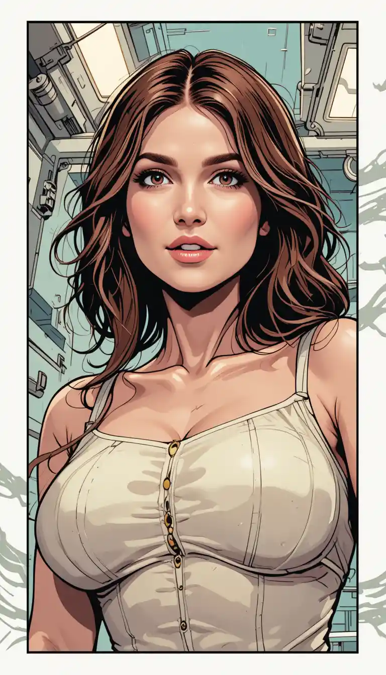 Young woman seen from below inside a spaceship corridor