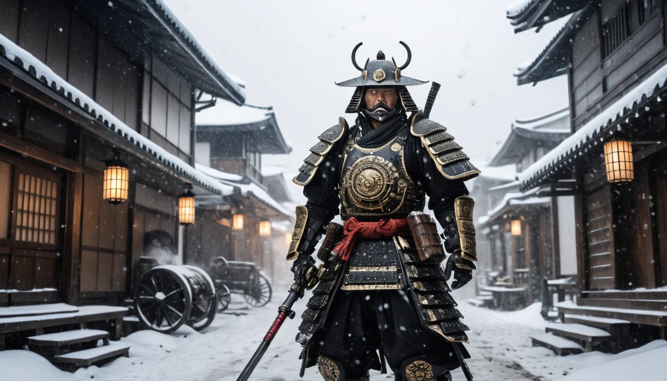 Samurai-Krieger feuert Steampunk-Minigun im verschneiten Dorf während eines Blizzards