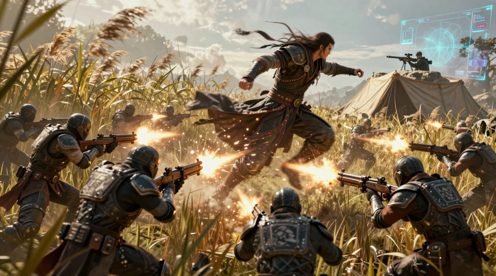 Sci fi warrior slicing through enemies in tall reeds
