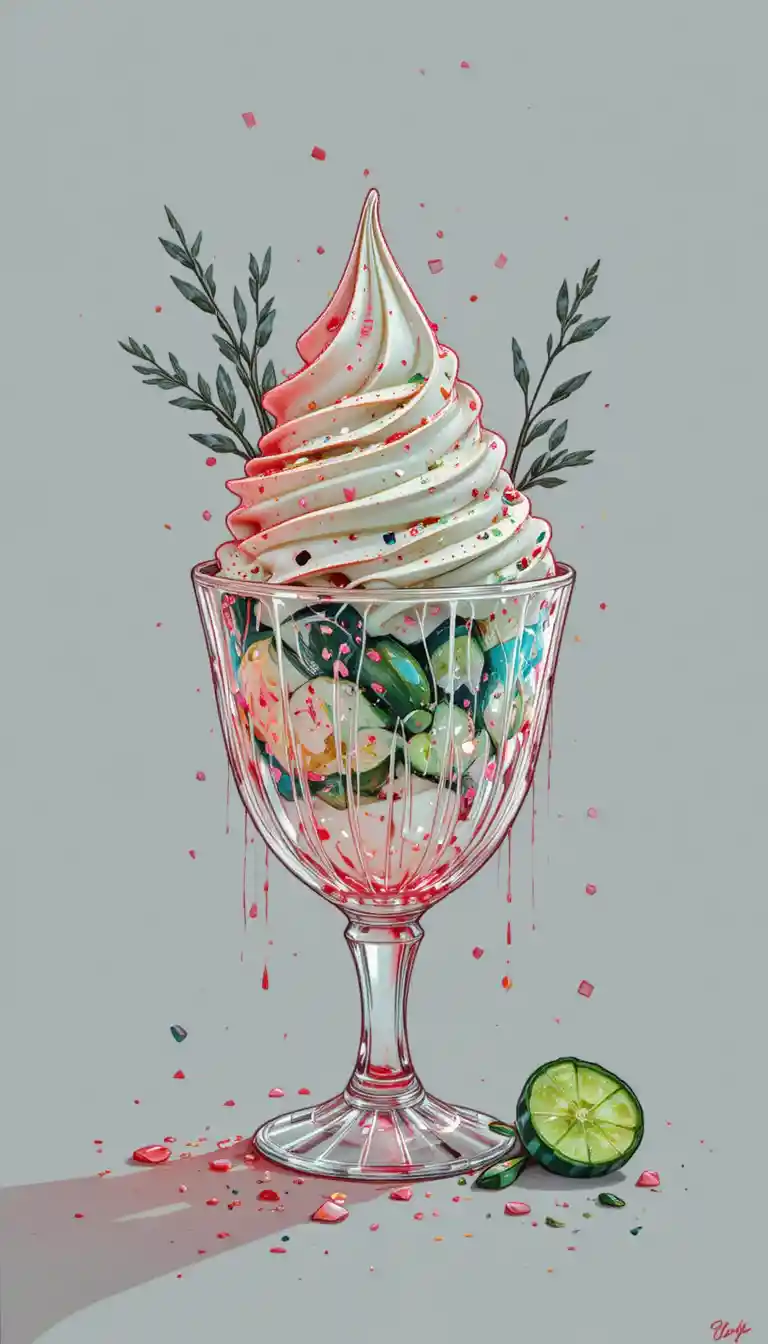 Bioluminescent ice cream dessert in a simple sketch style