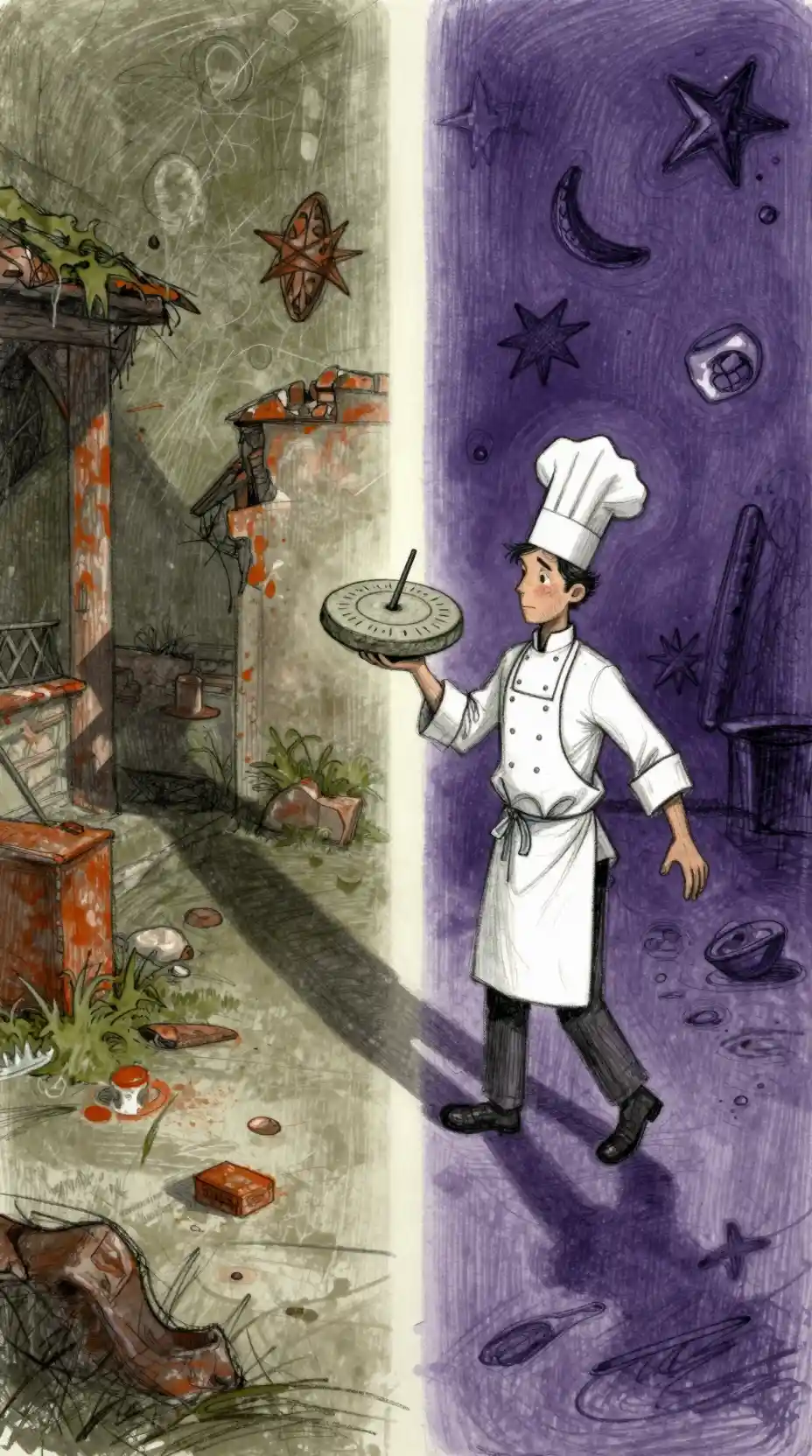 Chef Crossing A Glowing Boundary With Ancient Sundial