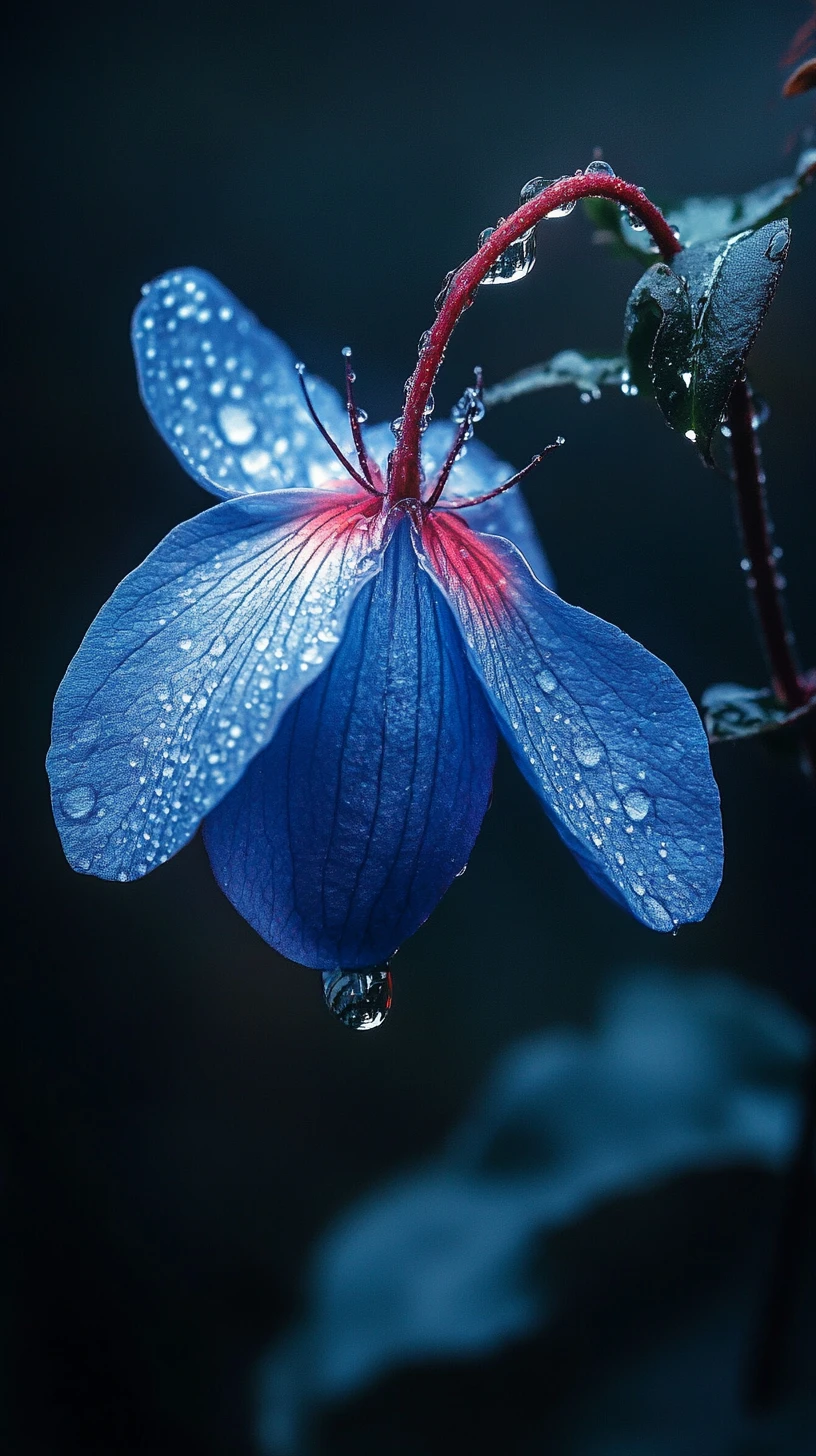 Zarte blaue Blume, die im sanften Regen weich leuchtet