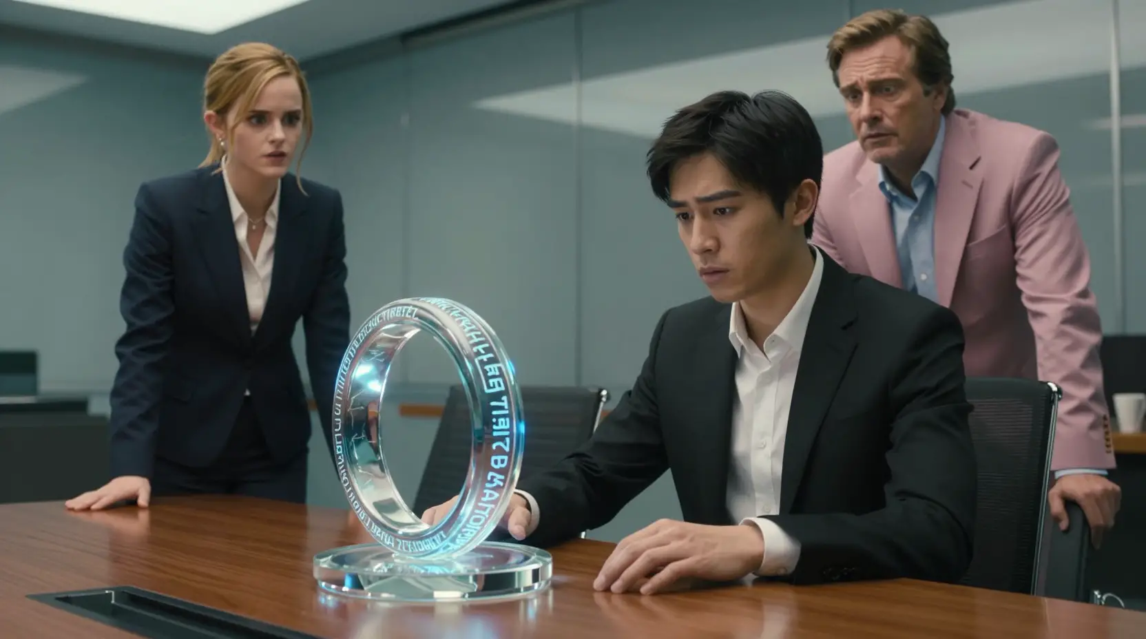 Reunión cinematográfica con anillo de cristal mágico en la sala de juntas