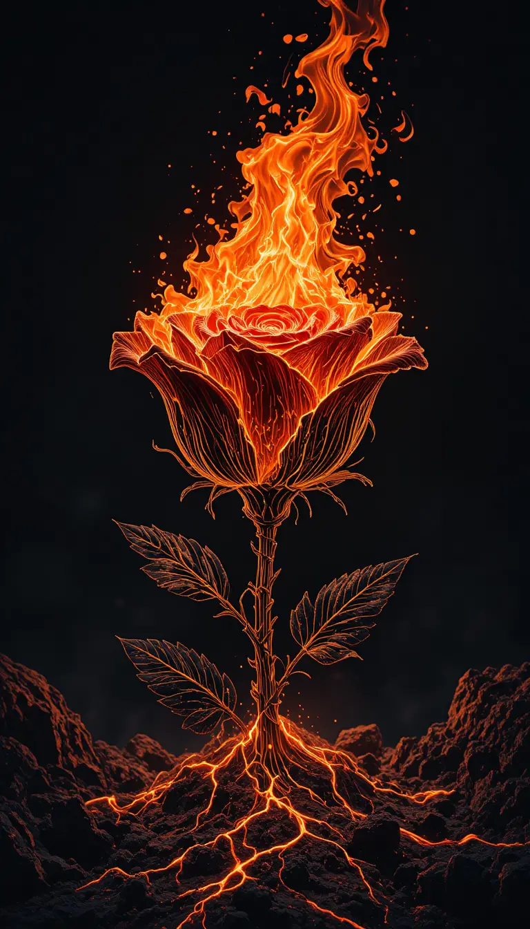 Close up fiery flower erupting against dark background