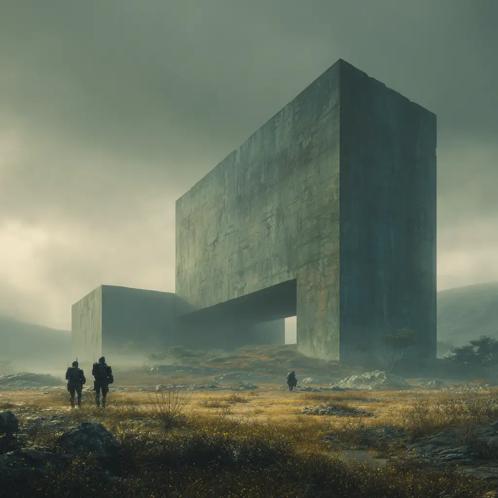 Futuristic square outpost in a dark hilly battlefield