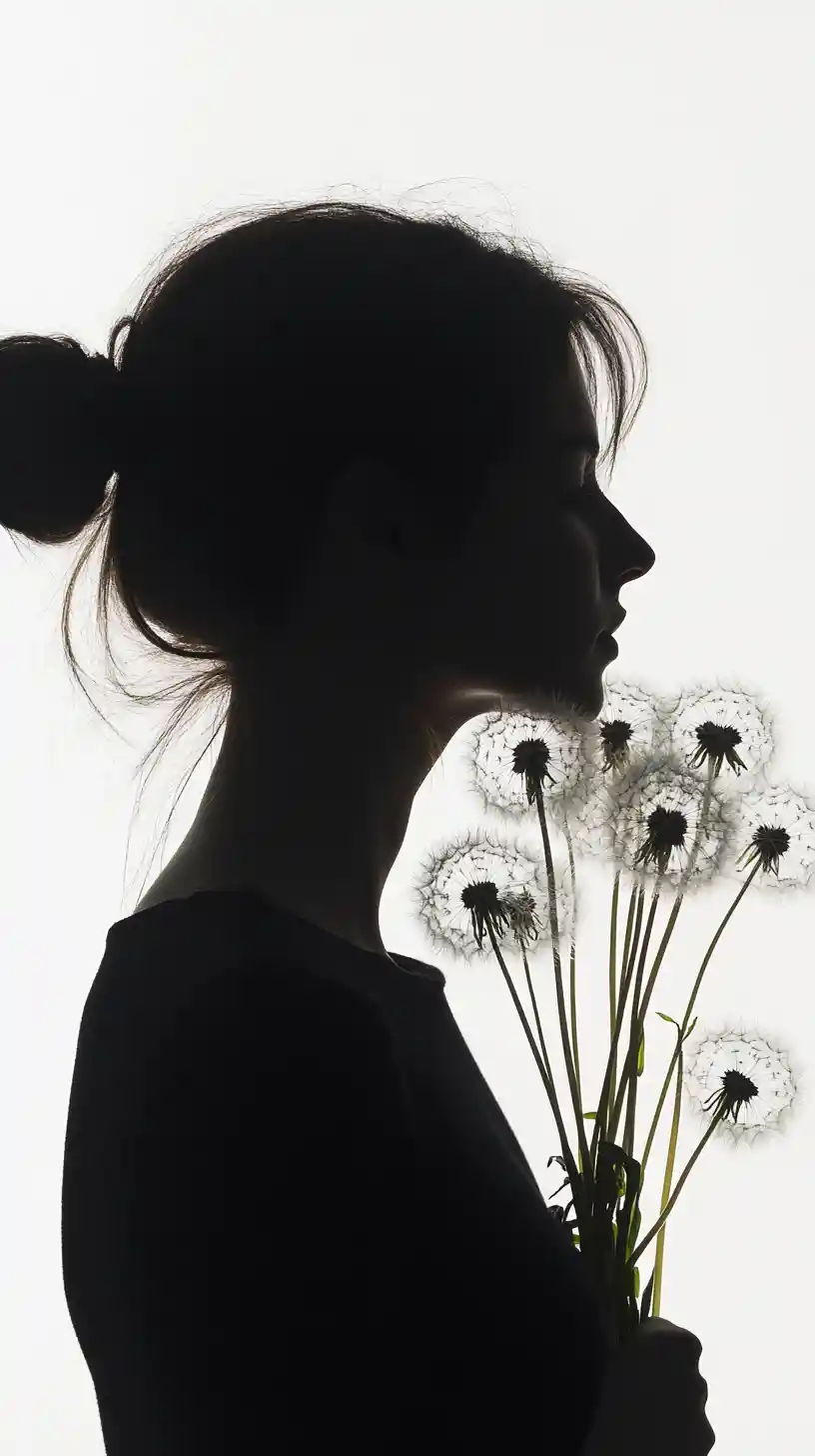 Donna in silhouette che tiene soffioni su uno sfondo bianco brillante