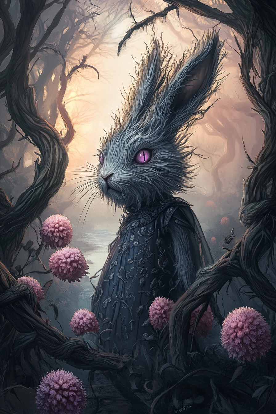 Anthropomorphic rabbit in a dark fantasy forest clearing