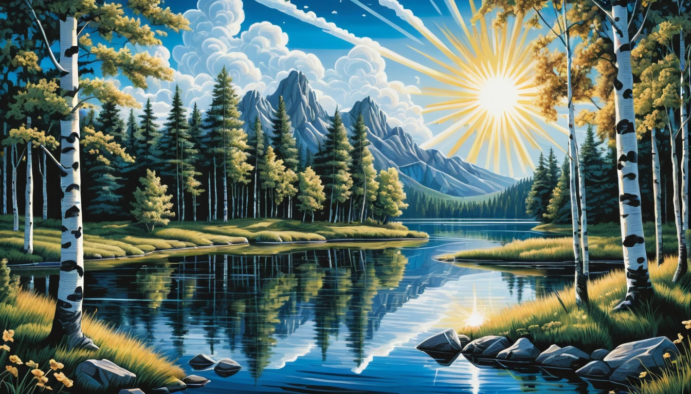 Summer forest lake under sunlight in stylized drawing