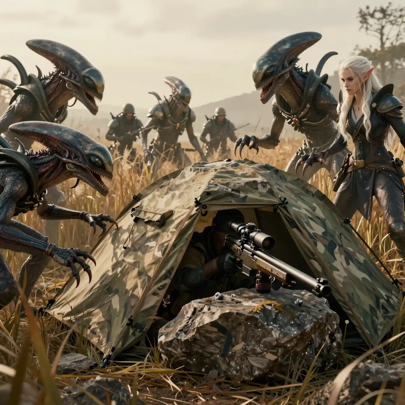 Sniper Hidden In Rock Tent Surrounded By Alien Dragons