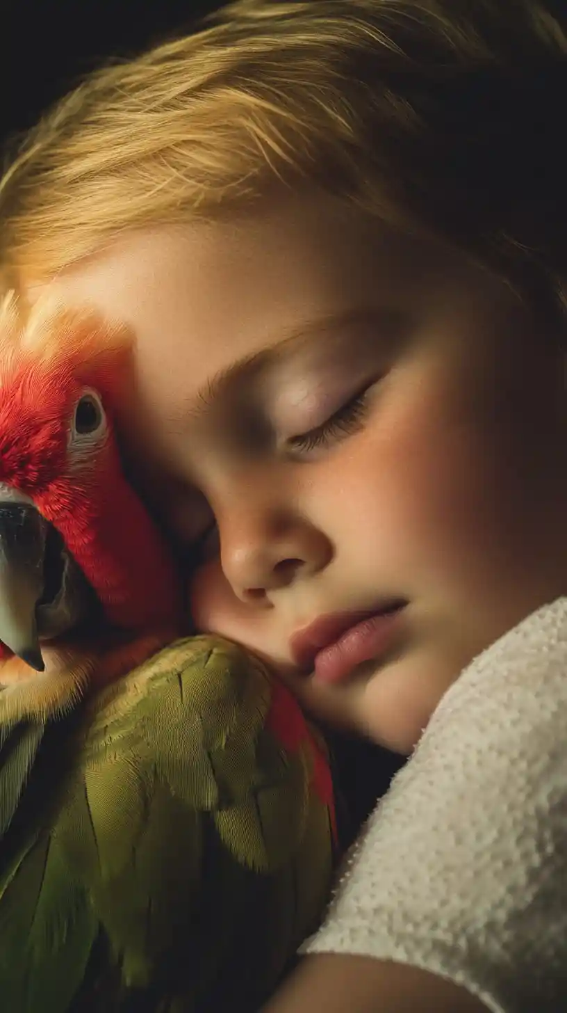 Sleeping child with parrot in warm intimate close up portrait