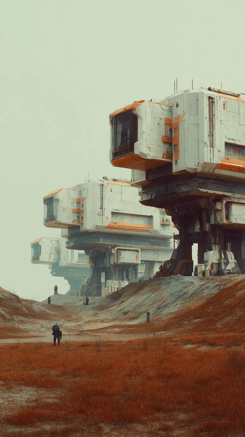 Futuristic square outpost architecture in a dark 2179 landscape