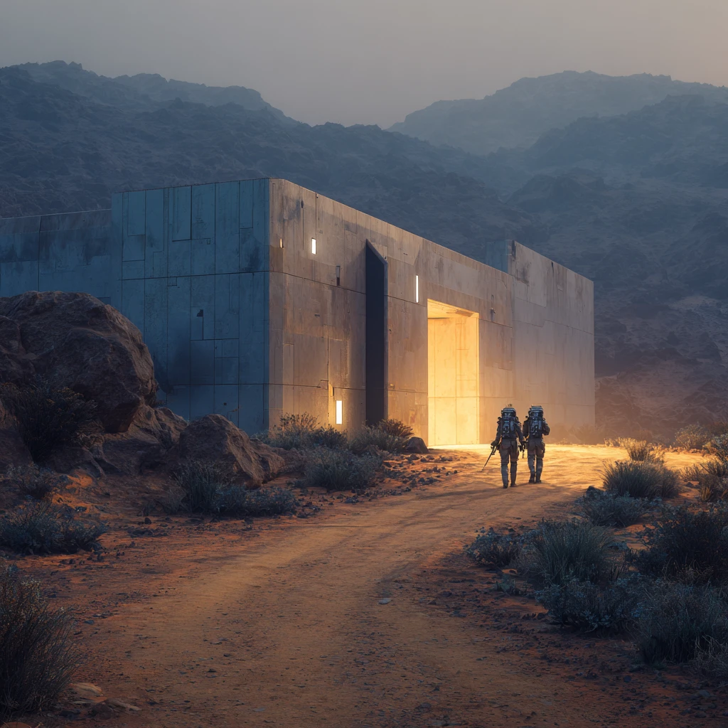 Architettura di un avamposto futuristico in uno scenario collinare oscuro nell’outback