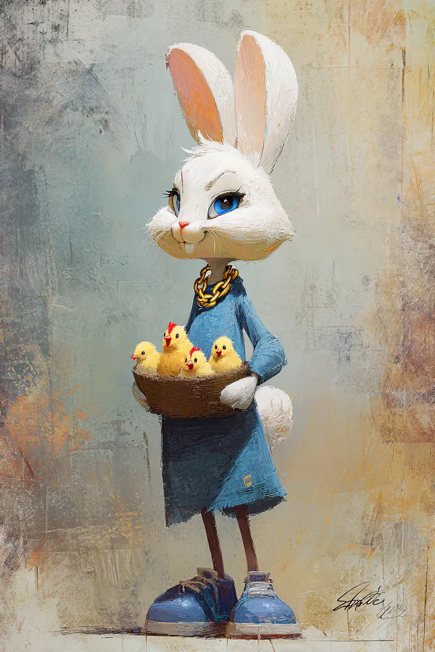 Cartoon rabbit girl in blue dress with baby chicks