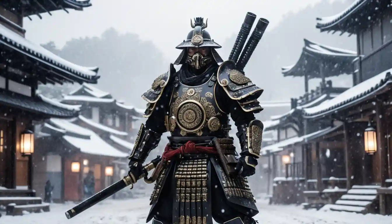 Samurai firing minigun in snowy Japanese village blizzard