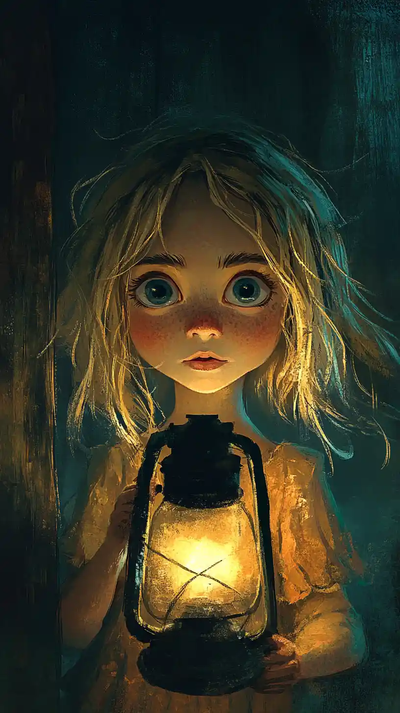 Curious girl holding a glowing lantern in a rustic room