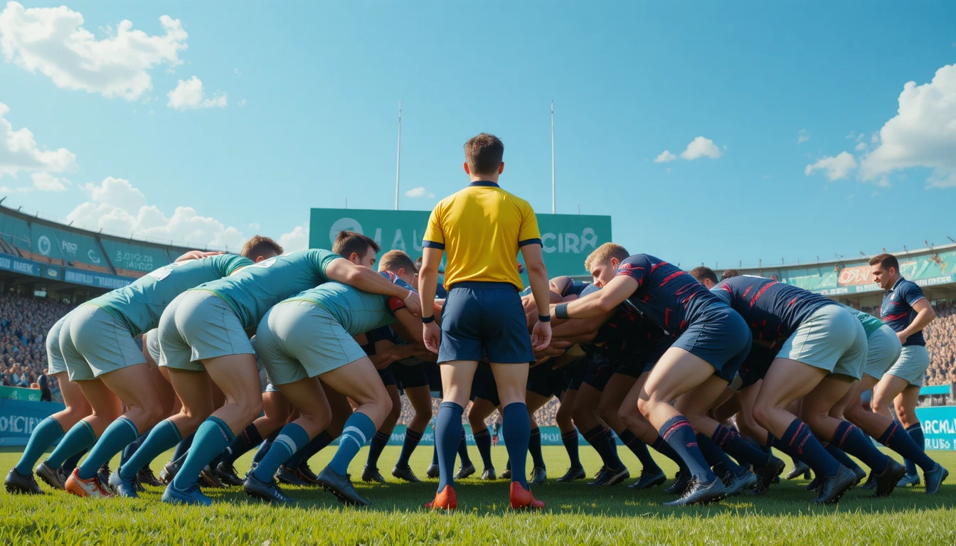Rugbyspieler im Gedränge auf einem sonnigen Spielfeld