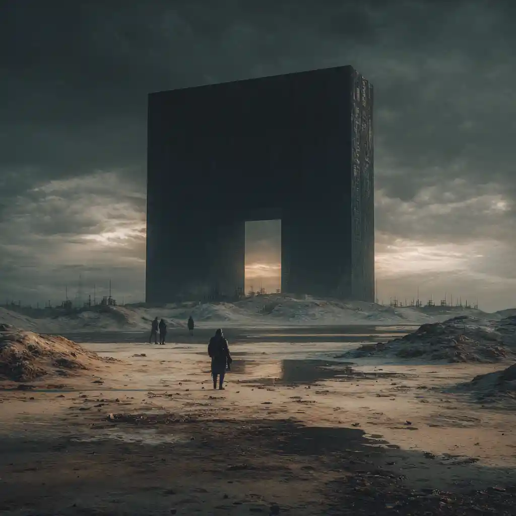 Futuristic dark square architecture in a post apocalyptic outpost