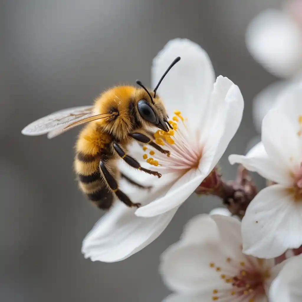 Ape su fiore di ciliegio bianco in delicato primo piano
