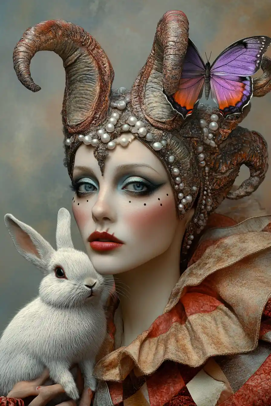 Donna fantasy con copricapo da giullare che tiene in braccio un coniglio bianco