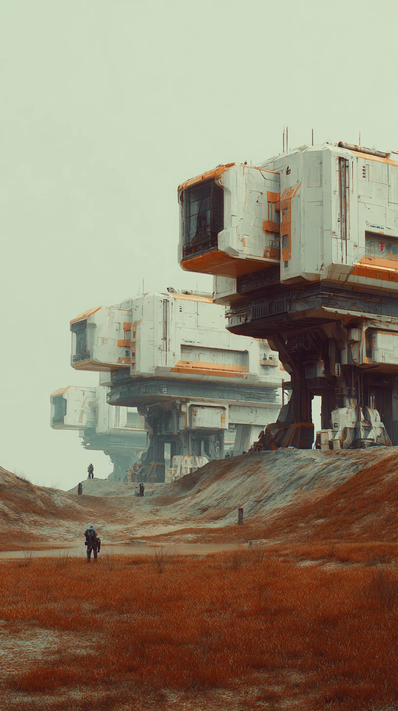 Futuristic square outpost architecture in a dark 2179 landscape