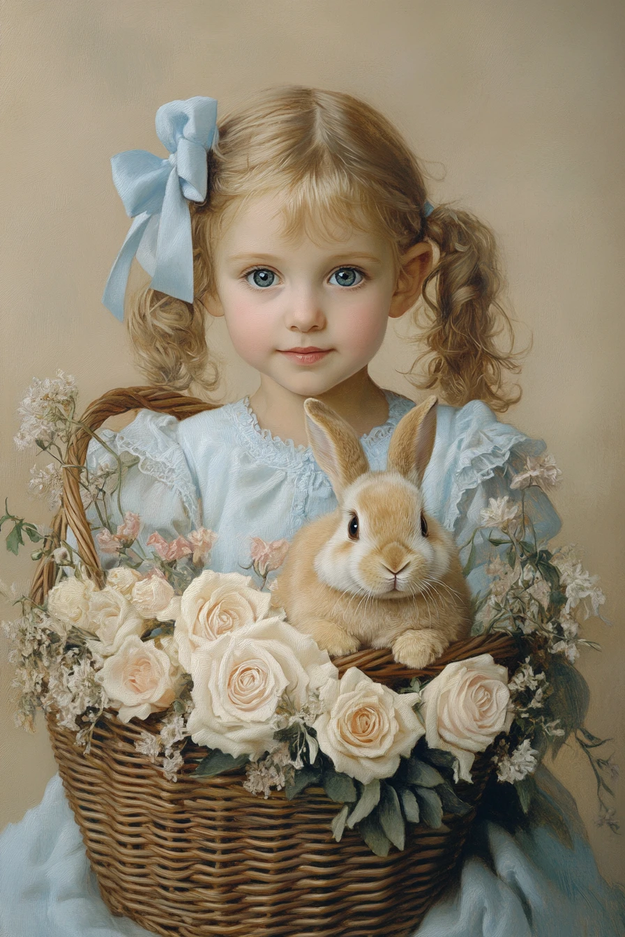 Young girl with rabbit in a flower filled wicker basket