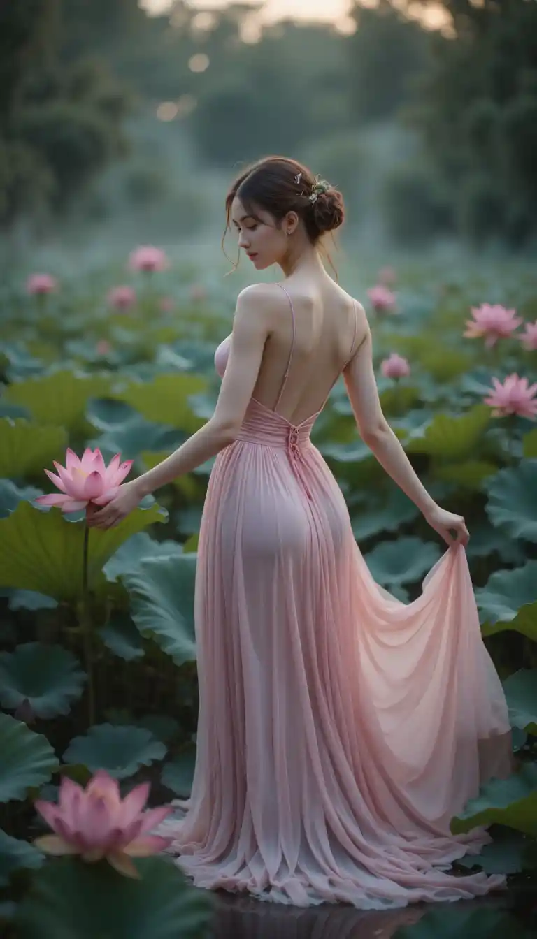 Ethereal woman in pink dress in a serene lotus pond