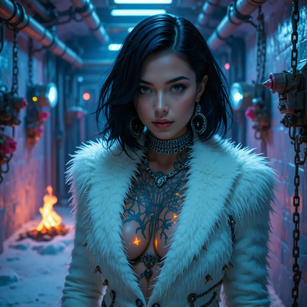 Femme fatale dans une cellule glacée aux tatouages lumineux