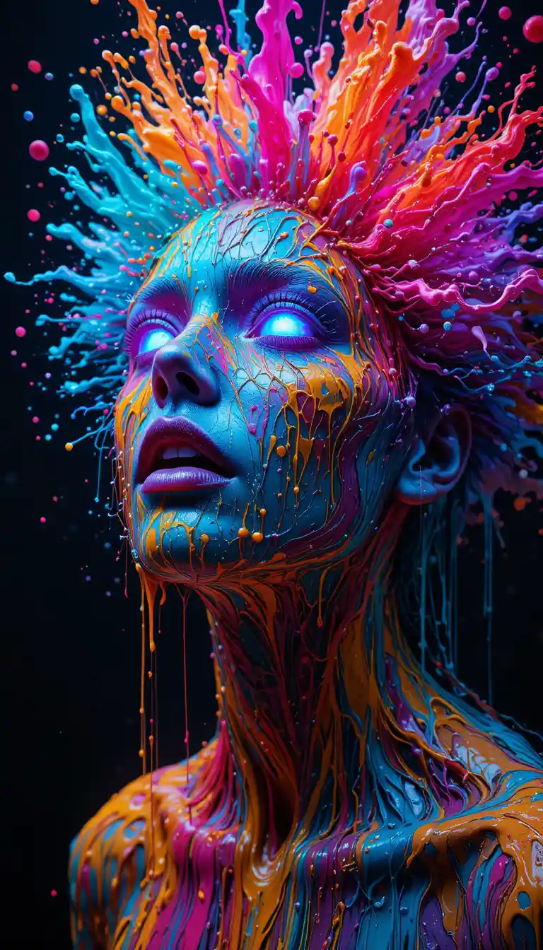 Surreal rainbow woman exploding into liquid cosmic colors