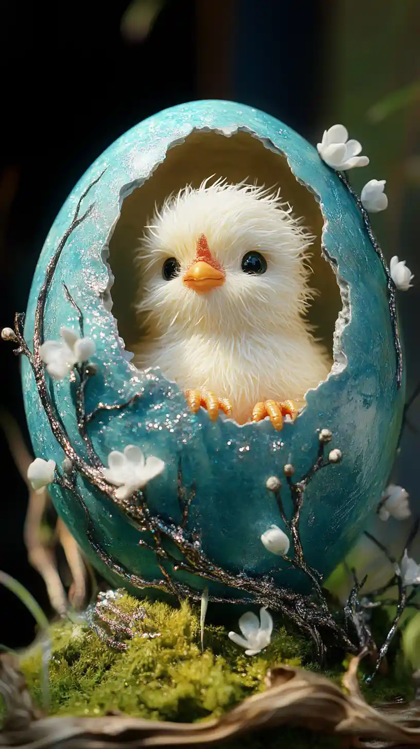 Cute white chick hatching inside a blue floral egg