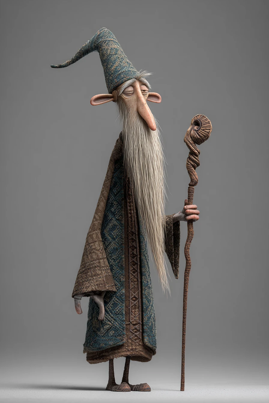 Buffo mago 3D con lunga barba e bastone su sfondo grigio