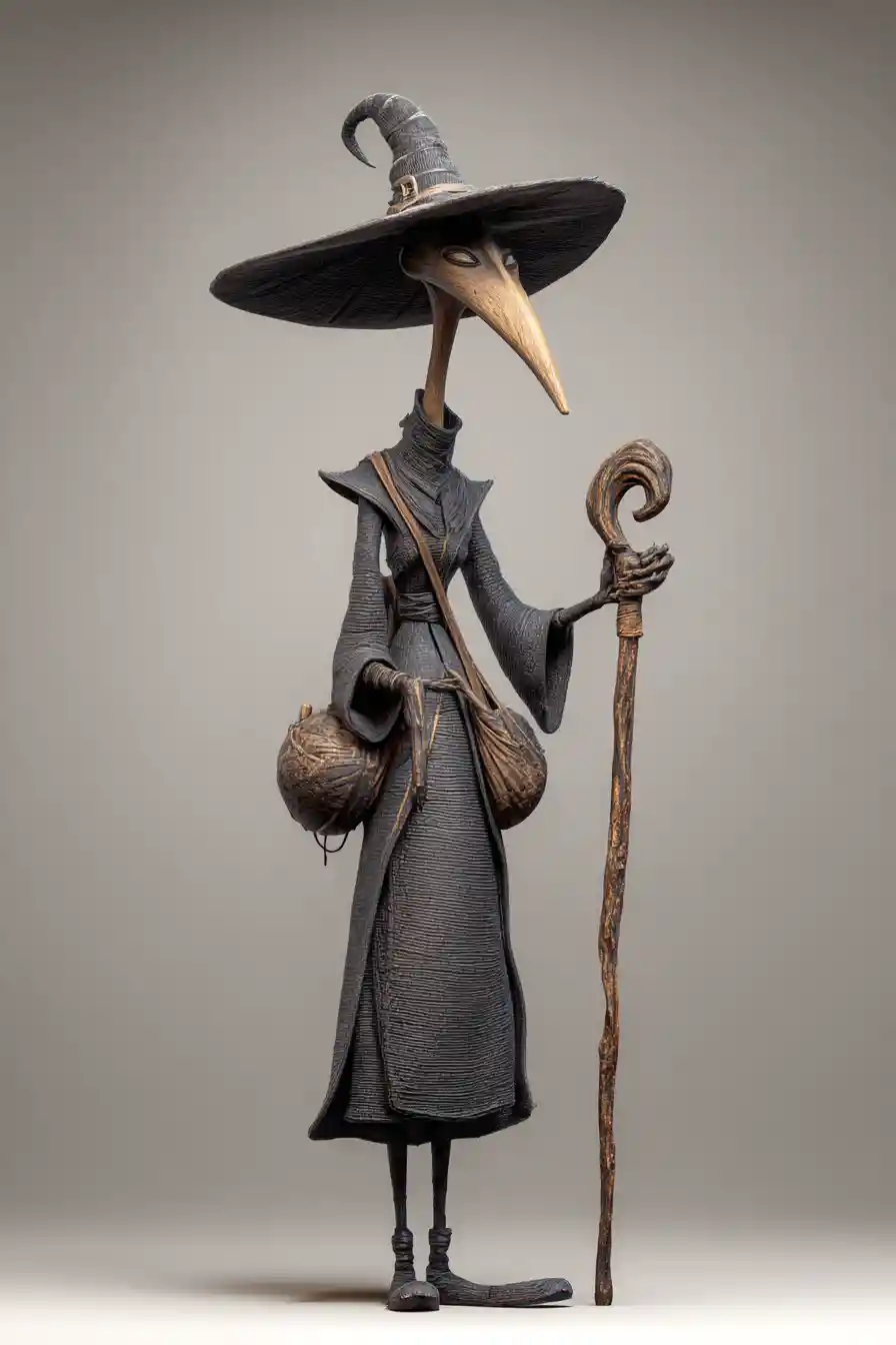Goofy tall witch with staff in stylized 3D render