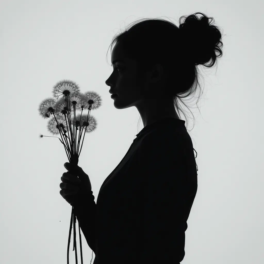 Donna in silhouette che tiene soffioni di tarassaco su sfondo bianco brillante