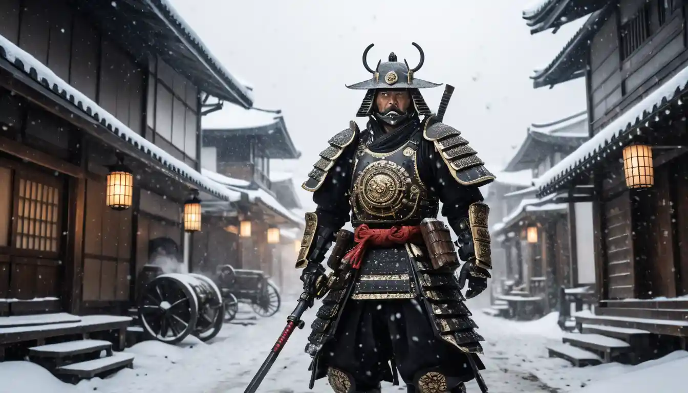 Guerriero samurai che spara una minigun steampunk in un villaggio innevato durante una bufera
