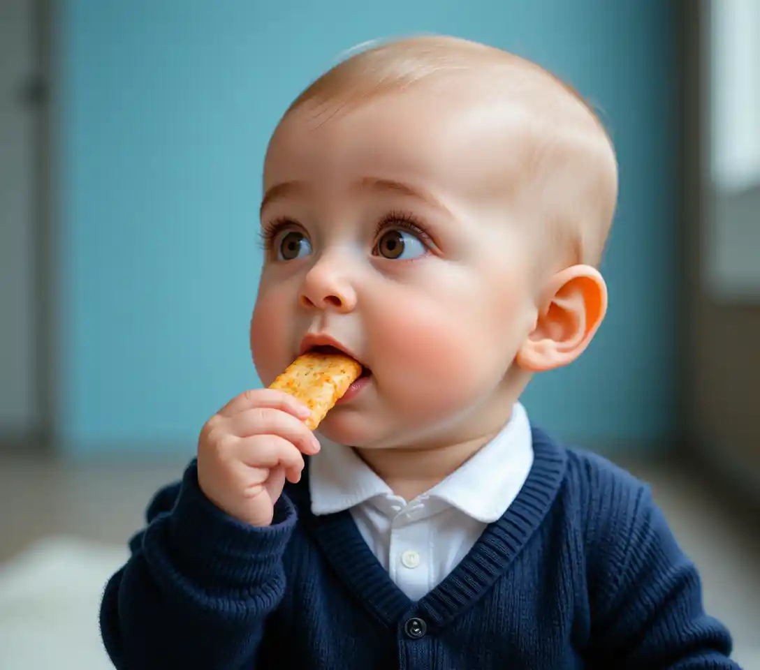 Baby eating biscuit in a soft close up portrait
