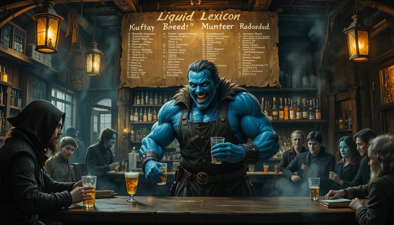 Alto barista dalla pelle blu in un bar fumoso illuminato da lanterne