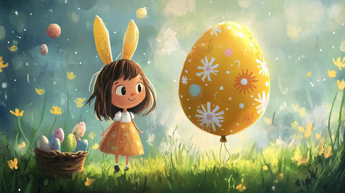 Dolce bambina in abito di Pasqua con palloncino a forma di uovo gigante
