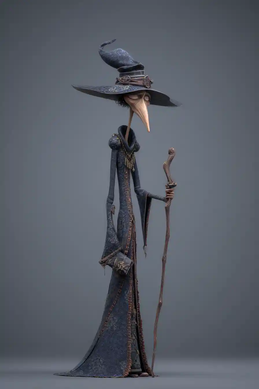 Goofy tall witch in quirky 3D render on gray background