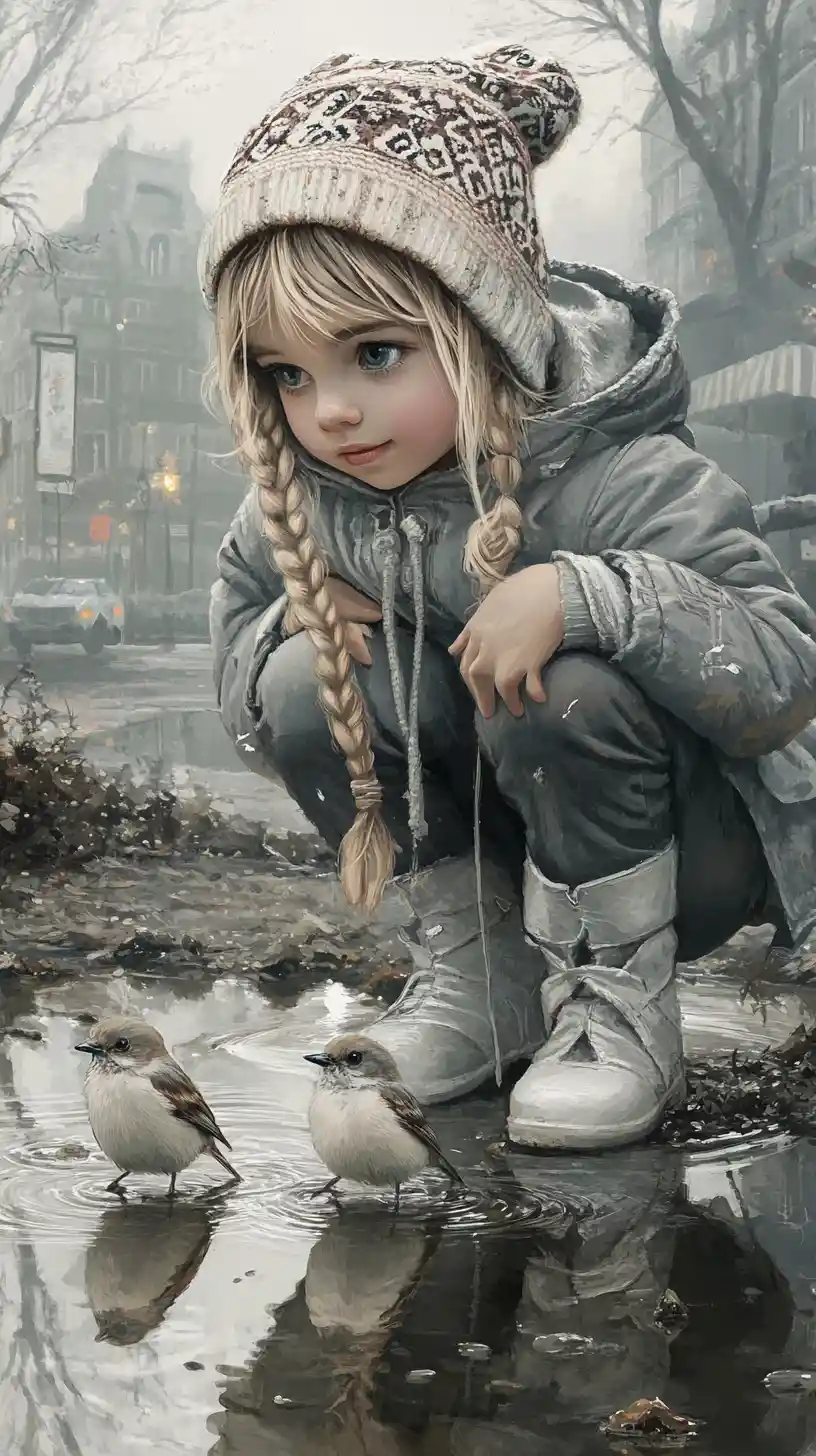 Young girl watching sparrows by a city puddle