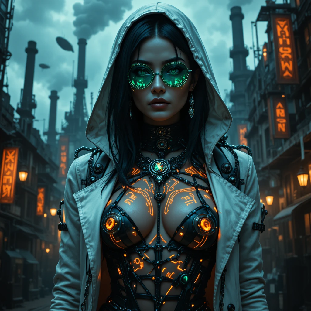 Regina steampunk in un vicolo industriale sotterraneo illuminato al neon
