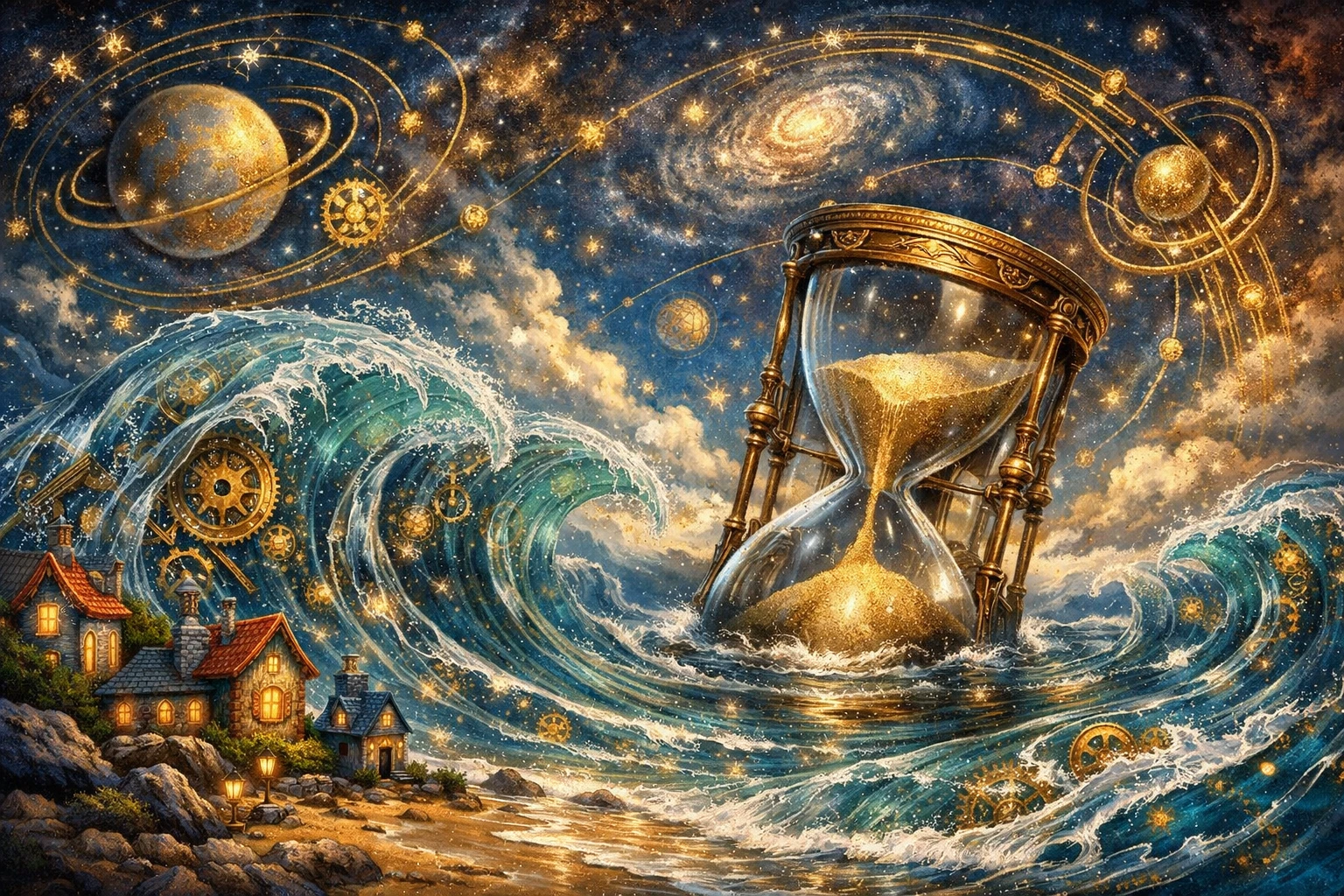 Oceano di Vetro Surreale con Clessidra Gigante e Piccole Case sulla Riva
