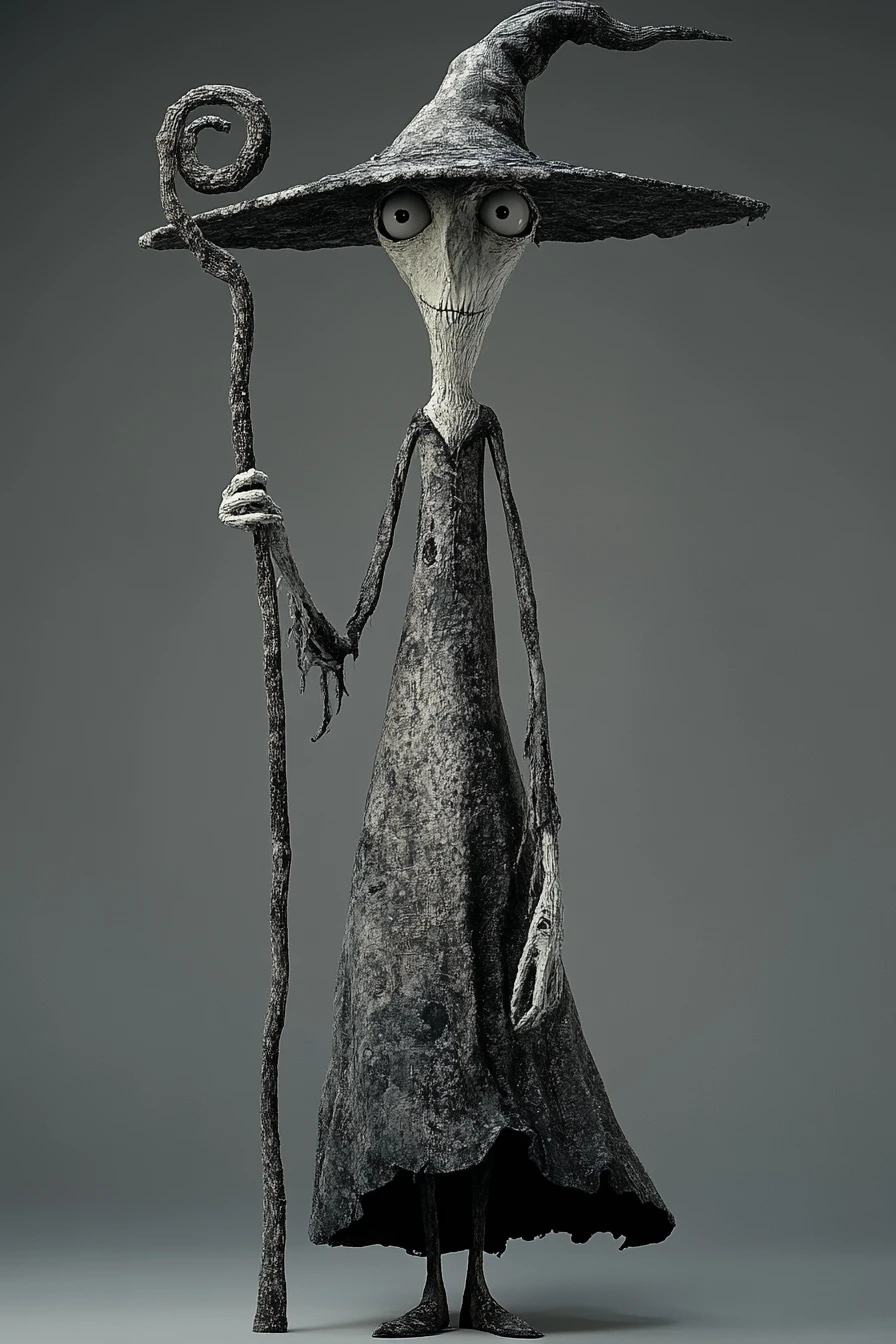 지팡이를 든 키 크고 우스꽝스러운 마녀 3D 렌더 스타일