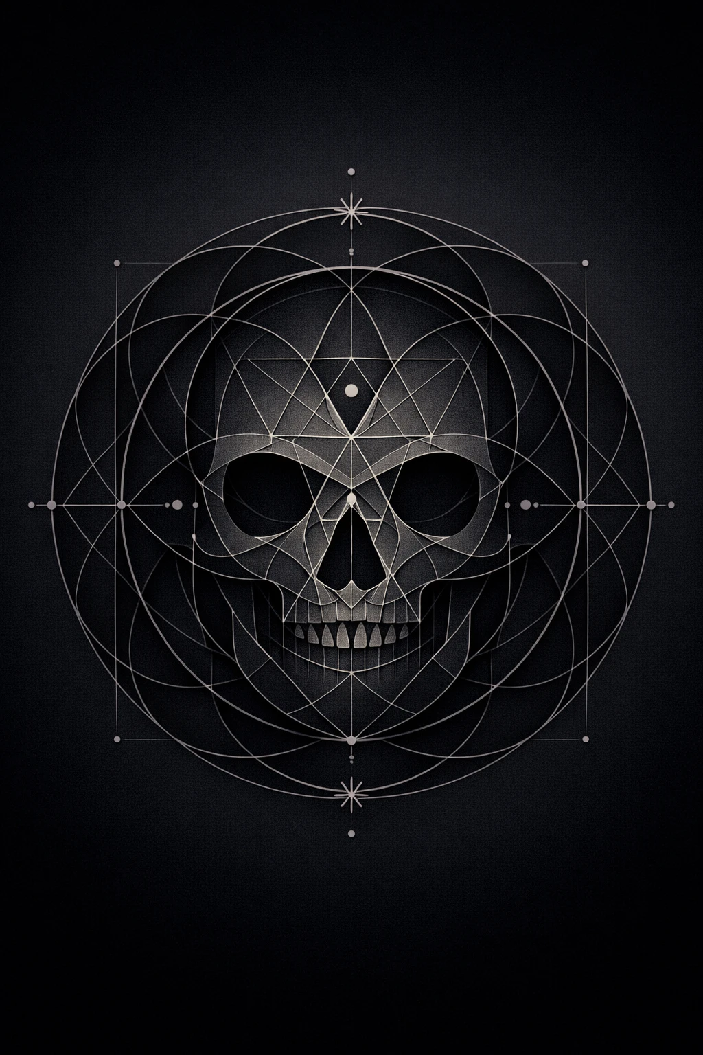 Emblema de geometria sagrada simétrica com ilusão de caveira oculta