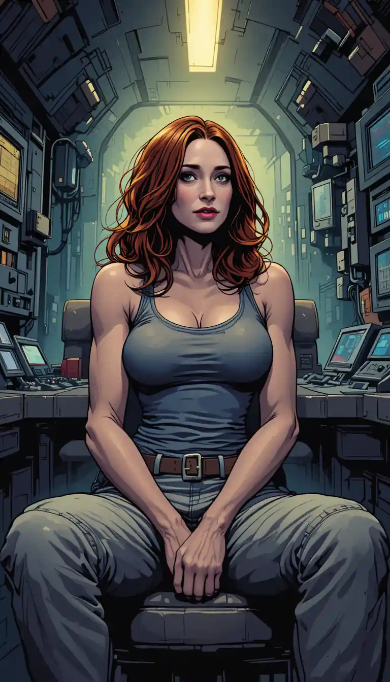 Tough auburn haired woman in a dim control room
