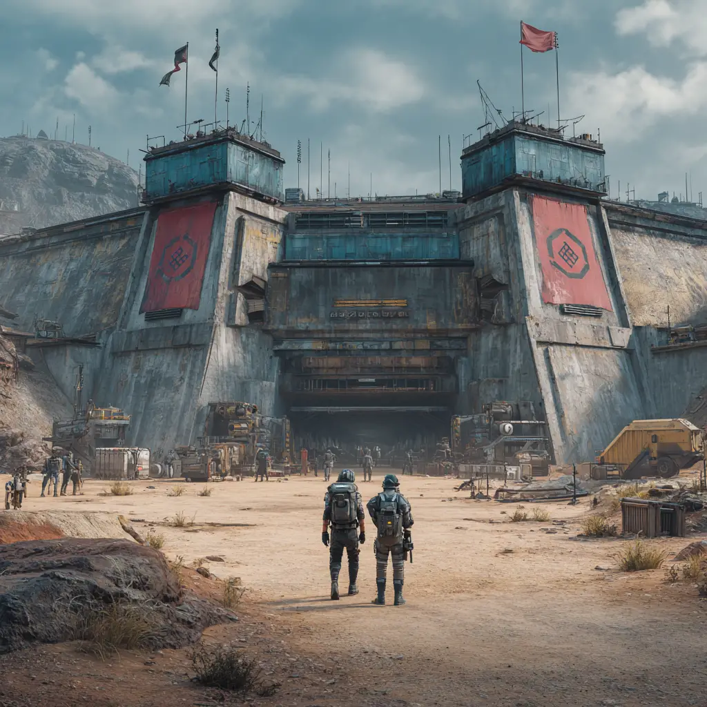 Futuristic dark architectural outpost in a distant landscape