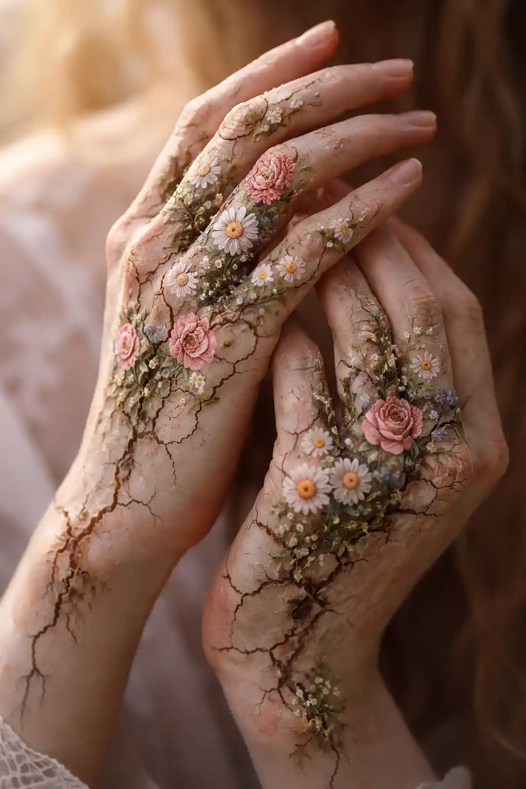 Hands Painted As Blooming Flowers With Cracks In The Skin