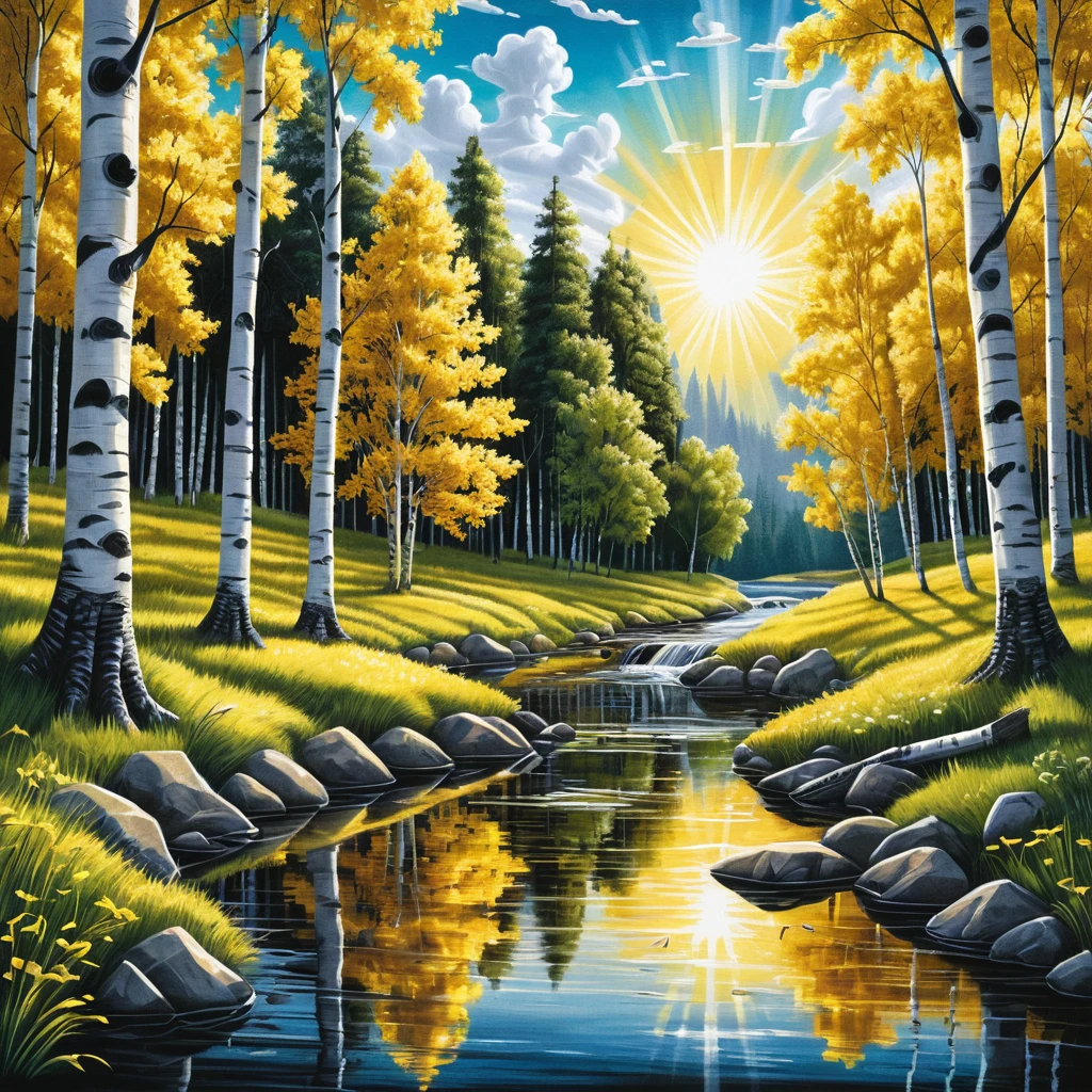 Summer forest river with bridge in graphic pencil style