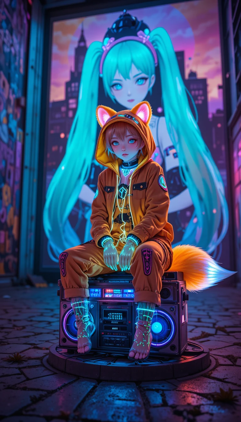 Neon urban fox hybrid resting on a manhole
