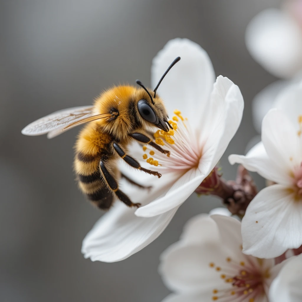 Honeybee on white cherry blossom in soft close up view