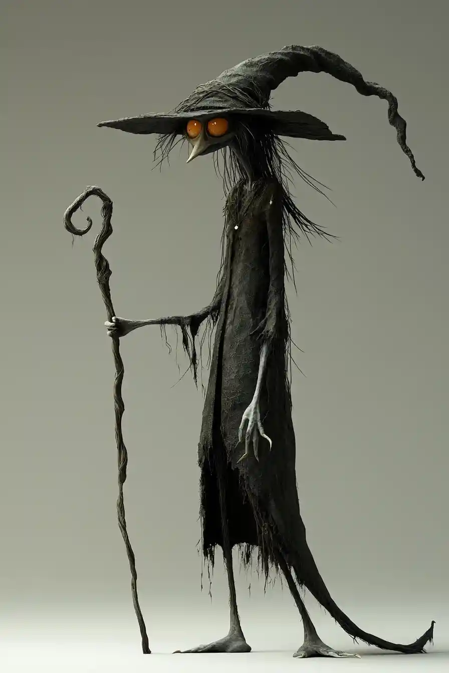 Tall goofy witch holding a staff in 3d render