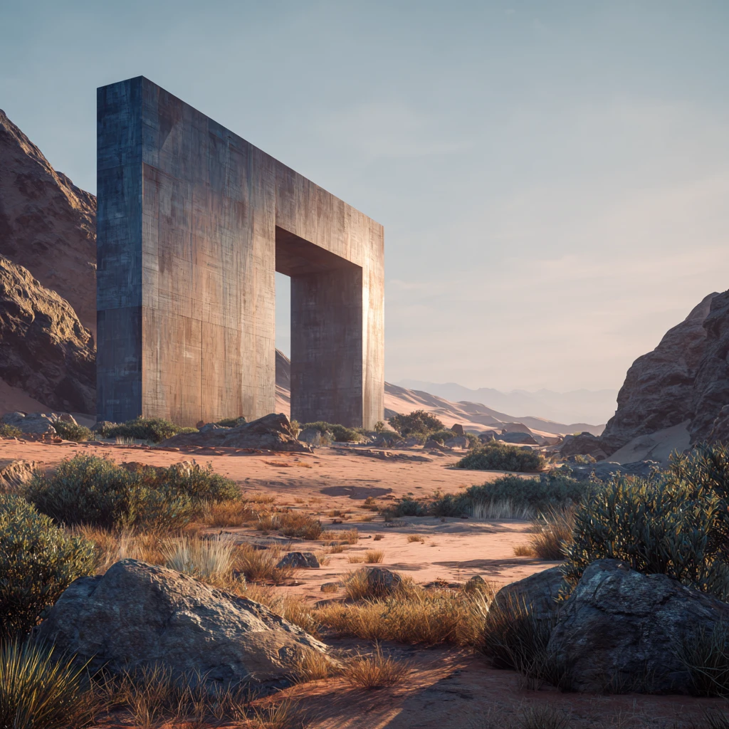 Futuristische Außenposten-Architektur in einer dunklen hügeligen Outback-Landschaft